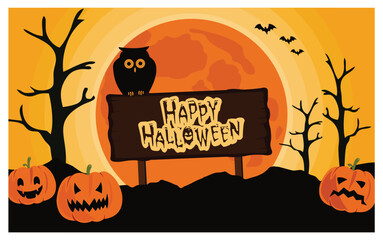 Spooky tree and owl Halloween Scene with Pumpkins and Full Moon Graphic. © Alwie99d