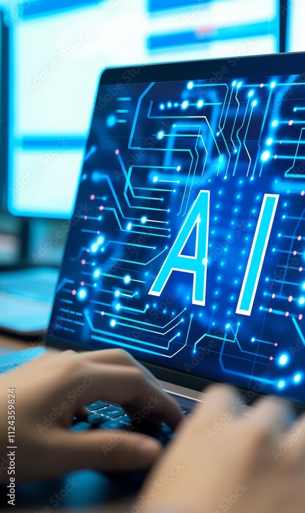 Poster hands of the person with the computer . the word ai on the screen