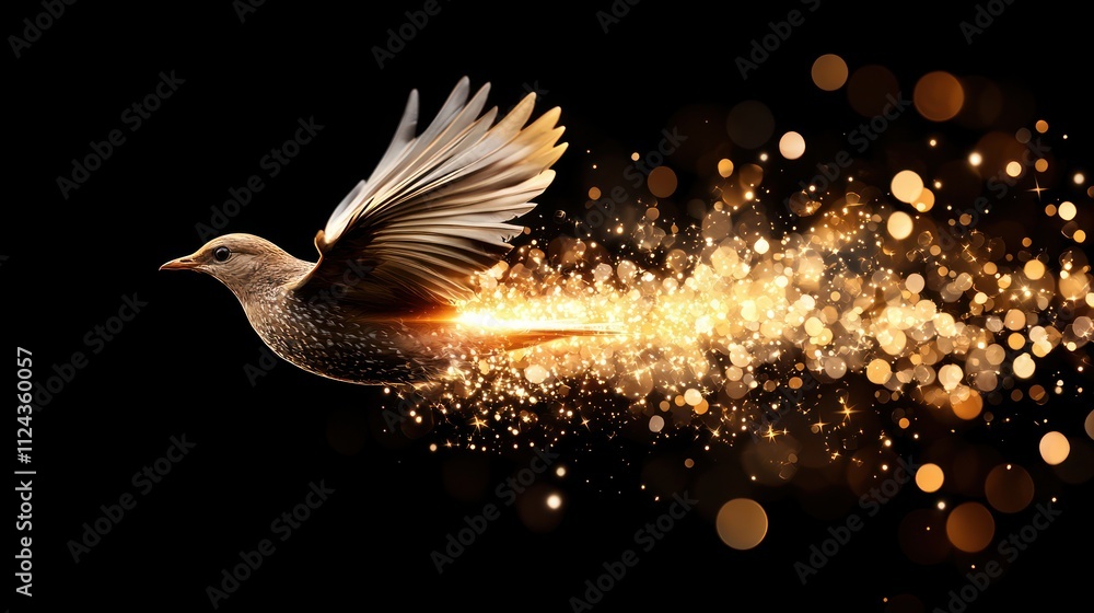 Poster flying bird emitting sparkles in dark background digital art fantasy environment