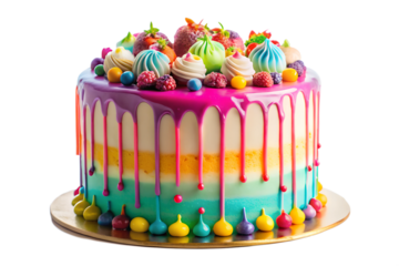 drip cake with colorful icing dripping down the sides cut out isolated on white background