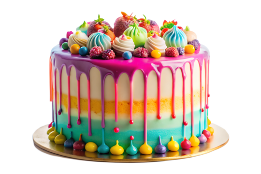 drip cake with colorful icing dripping down the sides cut out isolated on white background