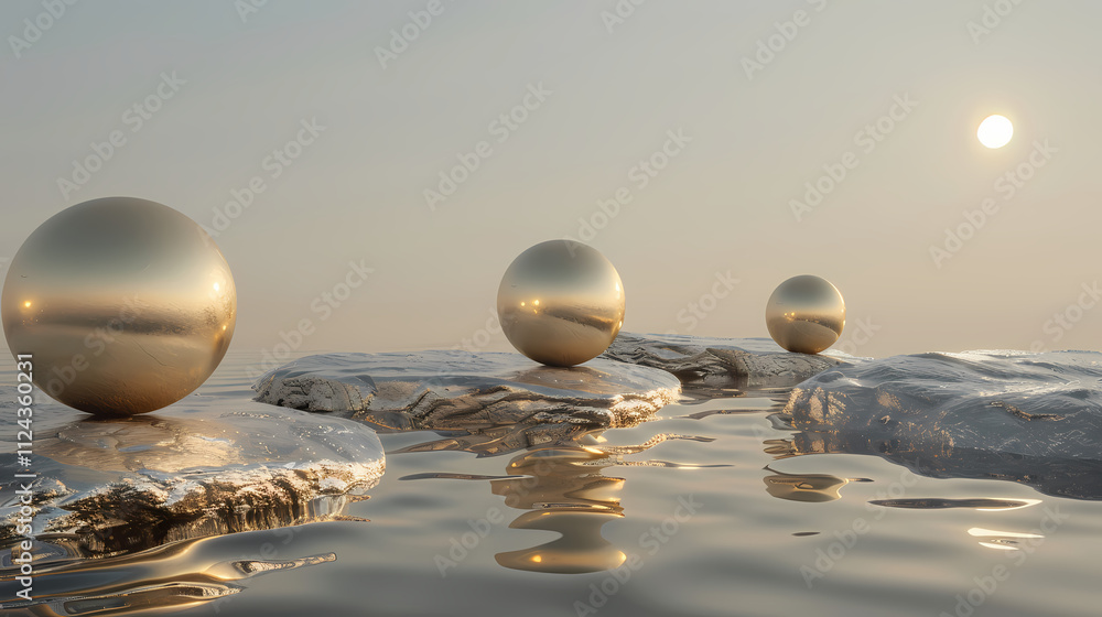 Poster golden spheres at sunset: three gleaming golden spheres rest serenely on rocks partially submerged i