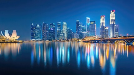 Stunning Night View of a Modern City Skyline Reflecting in Water with Colorful Lights and Iconic Architecture, Perfect for Urban and Travel Themes