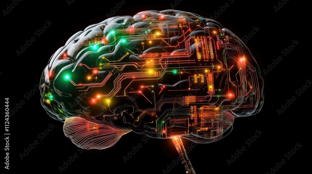 Aufkleber a digital brain illustration with circuit patterns and lights.