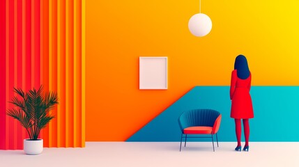 Vibrant colorful interior design with a woman in a red dress modern living room abstract art bright environment inspirational viewpoint