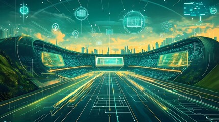 Futuristic Holographic Sports Arena with Renewable Energy and Smart Infrastructure