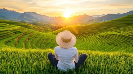 Fototapeta premium Sunset meditation in rice terraces vietnam landscape photography serene environment