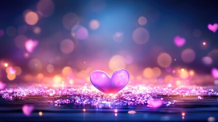 Glowing purple heart on sparkling surface amidst pink and purple lights. The 14th of February. Happy Valentine's Day
