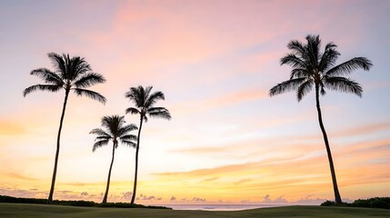 Fototapeta premium A breathtaking view of a tropical sunset illuminating the sky with vibrant hues of orange, pink, and purple. Silhouetted palm trees line the foreground, creating a perfect vacation backdrop. The