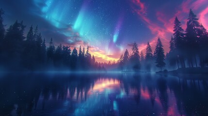 Northern lights over lake in the forest. Night landscape with aurora borealis.