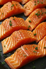 Levitating salmon fillets on a white isolated background in a vertical close up view