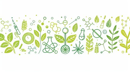 Green science and research vector illustration featuring icons for environmental studies, eco-friendly molecular sciences, biotechnology, microbiology, biochemistry, plant analysis, ecology, and STEM