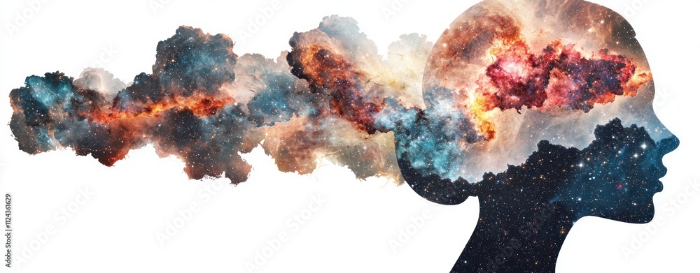 Poster The double exposure of Exploring cosmic consciousnessabstract portrait of thought and imagination in space