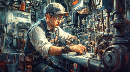 Focused plumber working on intricate piping in a well-equipped workshop, showcasing the artistry of his craft in a vibrant oil painting style