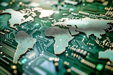 Exploring global interconnectedness through a world map crafted from circuit board components