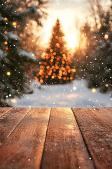 Empty wooden table top with snowy winter forest and glowing Christmas lights in background. Template with copy space for product display