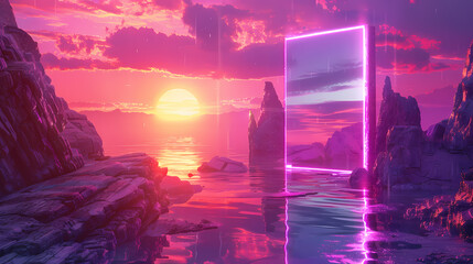 Sunset Portal: A vibrant, surreal landscape featuring a neon pink portal reflecting in calm ocean waters at sunset, framed by dramatic rock formations. The scene evokes a sense of mystery and wonder.