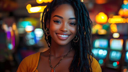 Fototapeta premium Confident young woman with long braided hair, wearing a stylish yellow outfit and accessories, glowing in a colorful, dynamic indoor ambiance