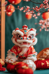 Fototapeta premium Traditional Chinese lion dance head surrounded by vibrant red flowers and ornamental balls. Concept of Lunar New Year celebration