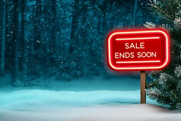 Christmas sale limited-time concept. A glowing red sign in a snowy forest announces a sale ending soon, surrounded by pine trees and a serene winter landscape.