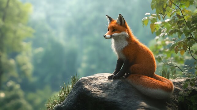 A red fox sits on a rock in a forest.