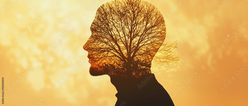 Poster the double exposure of digital art of a man's profile silhouette with tree overlay in a serene setti