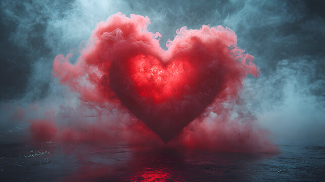 Striking red smoke cloud forming a heart shape, set against a dramatic misty background. A powerful and artistic representation of love and mystery