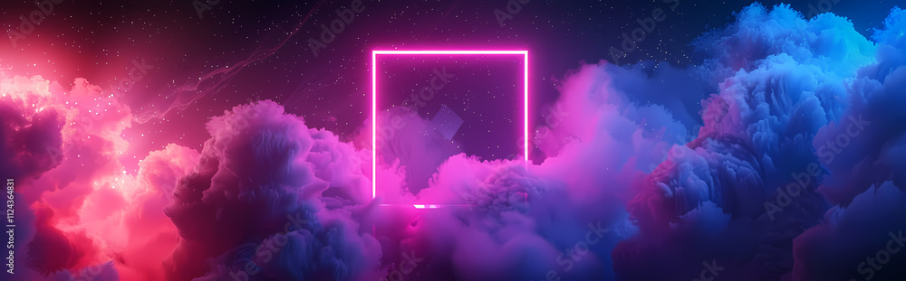 Poster neon portal in the clouds: a luminous pink neon rectangle frame floats in a surreal landscape of swi