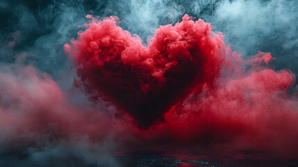 Powerful red smoke cloud forming a heart shape against a moody backdrop of mist and shadows. A striking and symbolic representation of love and intensity.