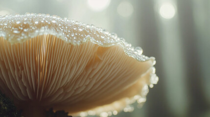 A close-up of a mushroom cap glistening with dew, with a soft, blurred forest background creating a calm and serene atmosphere.