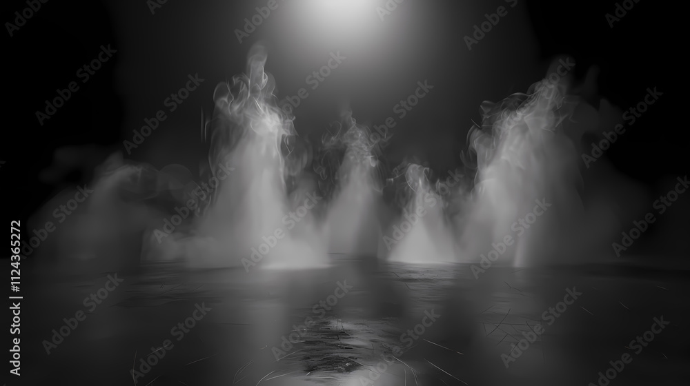 Poster smoke and fog on dark floor: abstract image of ethereal white smoke billowing across a dark reflecti