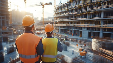 Construction Site Managers Overseeing Building Project Progress with Digital Dashboards and Augmented Reality