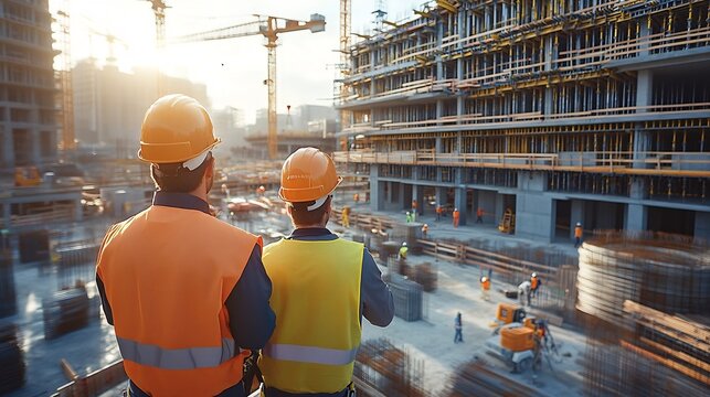 Construction Site Managers Overseeing Building Project Progress with Digital Dashboards and Augmented Reality