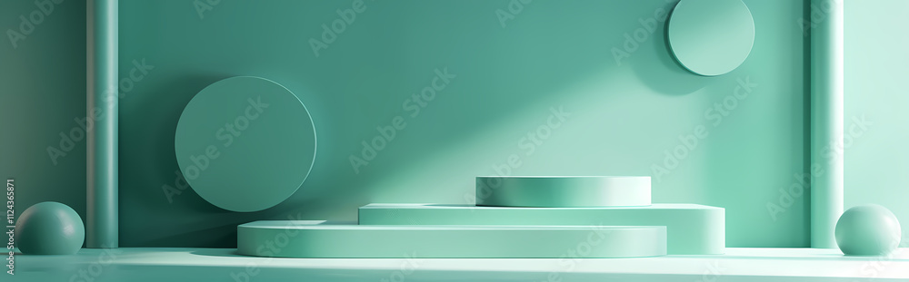 Poster mint green minimalist product display: a pristine minimalist product display featuring a series of c