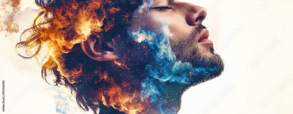 Poster the double exposure of cosmic elements creative portrait of a man in abstract digital fantasy art