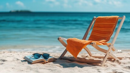 Obraz premium Relaxing beach scene with a chair, towel, book, and sunglasses.