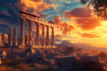 Fototapeta premium Ancient Ruins at Sunset: Dramatic Sky Over Historic Greek Temple