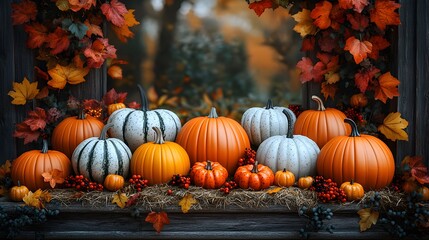 rustic autumn scene with a focus on pumpkins of various sizes and colors, including vibrant orange and white, arranged on a wooden surface with a straw base. Scatter colorful fall
