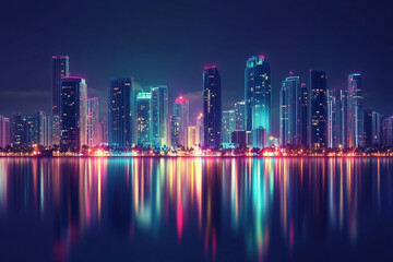 Fototapeta premium Neon Cityscape Reflection: Vibrant Night View with Skyscrapers and Water