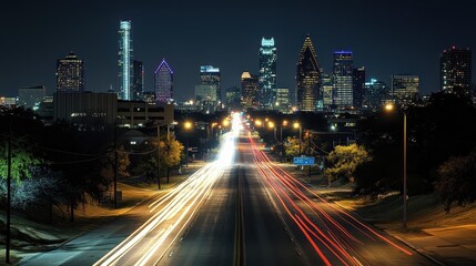 Fototapeta premium Mesmerizing Nightscape of the Vibrant Austin Skyline with Illuminated Skyscrapers and Busy Highway