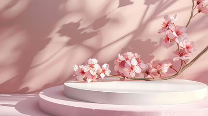Pink Blossom Podium: Delicate pink cherry blossoms gracefully adorn a minimalist white circular podium against a soft pink backdrop, bathed in sunlight creating elegant shadows.
