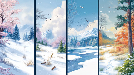 "Four Seasons Vertical Nature Banners: Winter, Spring, Summer, and Autumn Scenes with Seasonal Scenery and Copy Space for Text"