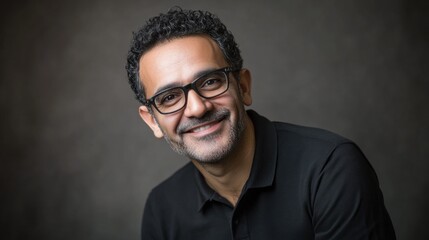 Obraz premium Man with curly hair and glasses smiling warmly