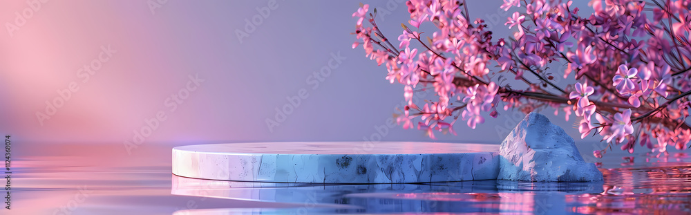 Poster serene spring display: pastel-hued product display stand with a delicate flowering branch and a soft