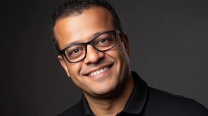 Obraz premium Smiling man with glasses in a black polo shirt