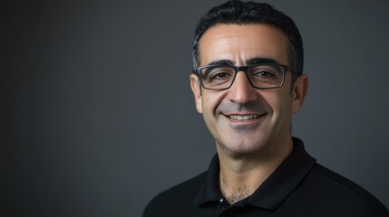 Confident man in glasses with subtle smile in polo