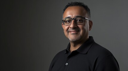 Fototapeta premium Smiling man with glasses wearing black polo shirt