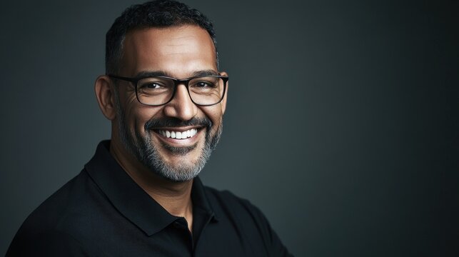 Man with glasses and warm smile in black polo shirt
