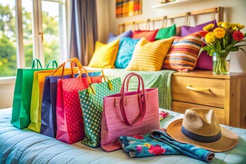 Colorful Summer Clothes Shopping Bags on Cozy Bed - AI Photo
