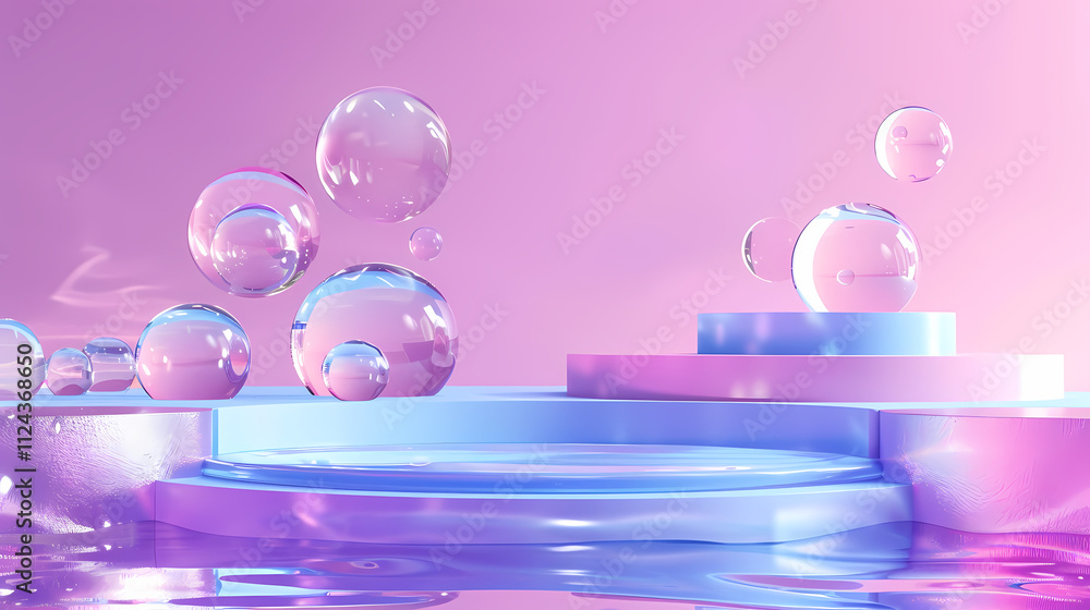 Poster pastel dreams: a serene, minimalist 3d rendering of a product display, featuring iridescent platform